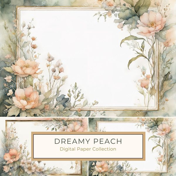 Watercolor Floral Frame Digital Paper: Peach & Sage (10 JPGs Digital Art Print)