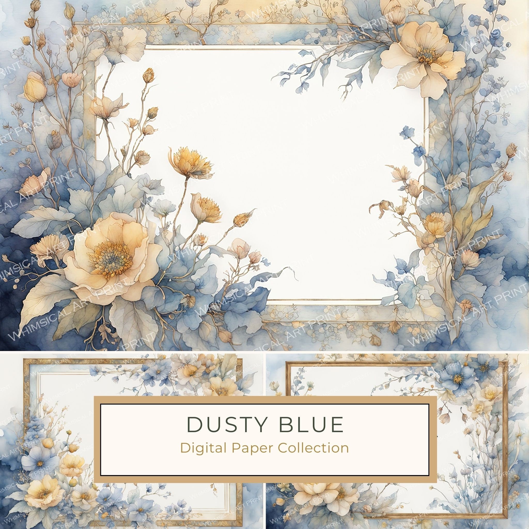 Dusty Blue Floral Frame Digital Paper Pack: Watercolor Scrapbook (10 JPGs)