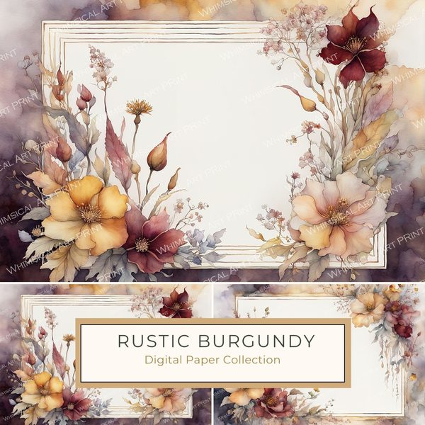 Burgundy Watercolor Floral Frame Digital Paper Pack (10 JPGs)