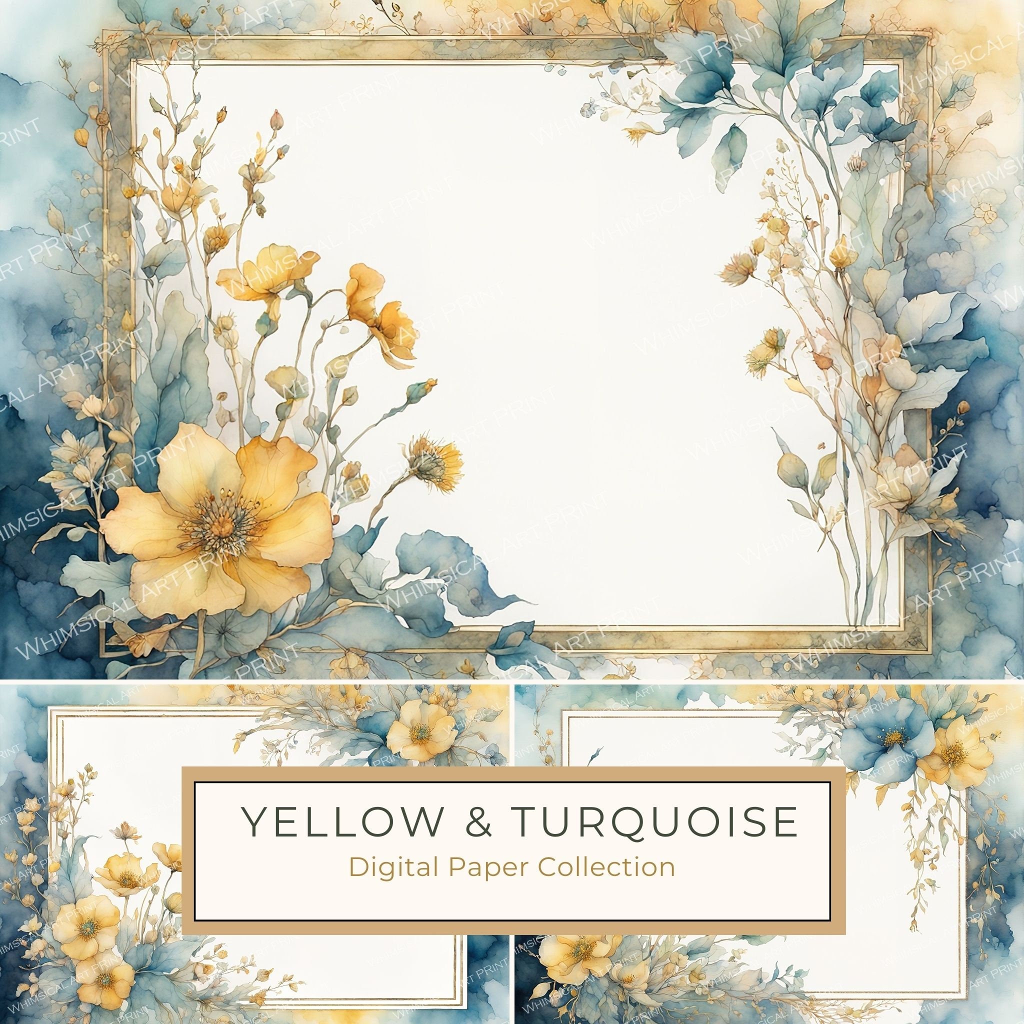 Watercolor Floral Frame Digital Paper: Turquoise & Yellow (10 JPGs)