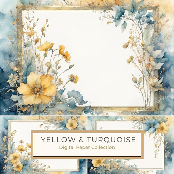 Watercolor Floral Frame Digital Paper: Turquoise & Yellow (10 JPGs)