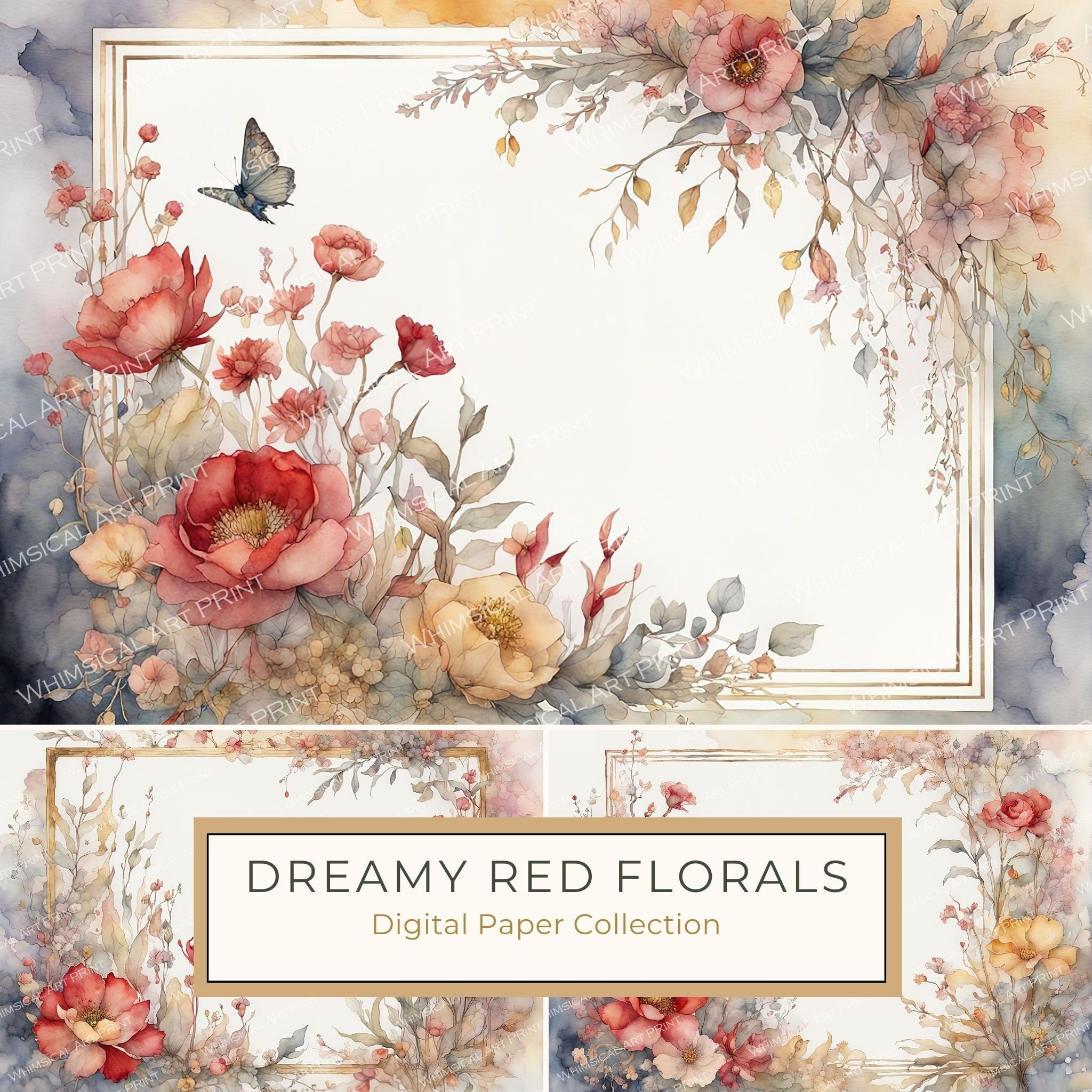 Red Watercolor Floral Frame: Scrapbook Paper Pack (10 JPGs)