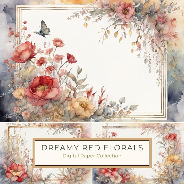 Red Watercolor Floral Frame: Scrapbook Paper Pack (10 JPGs)
