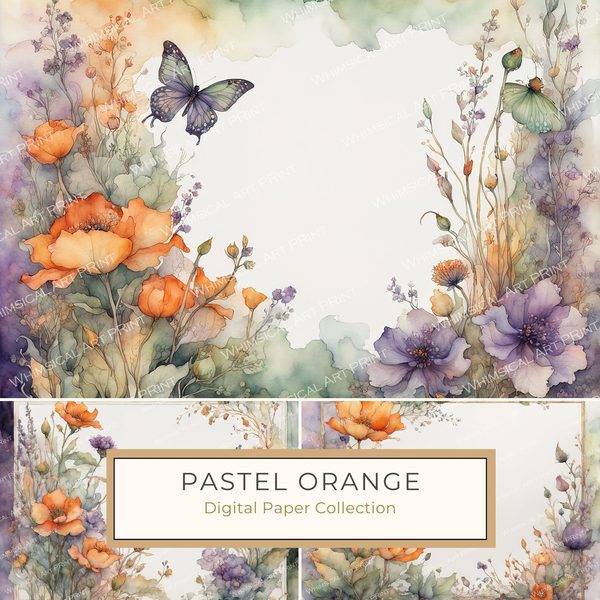 Watercolor Floral Frame Digital Paper: Orange & Purple (10 JPGs) (Commercial Use)