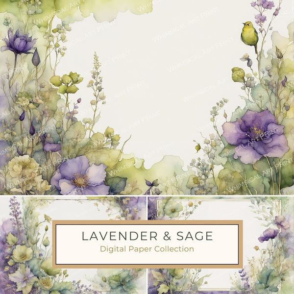 Watercolor Lavender & Sage Floral Frames: Digital Paper Pack (10 JPGs)