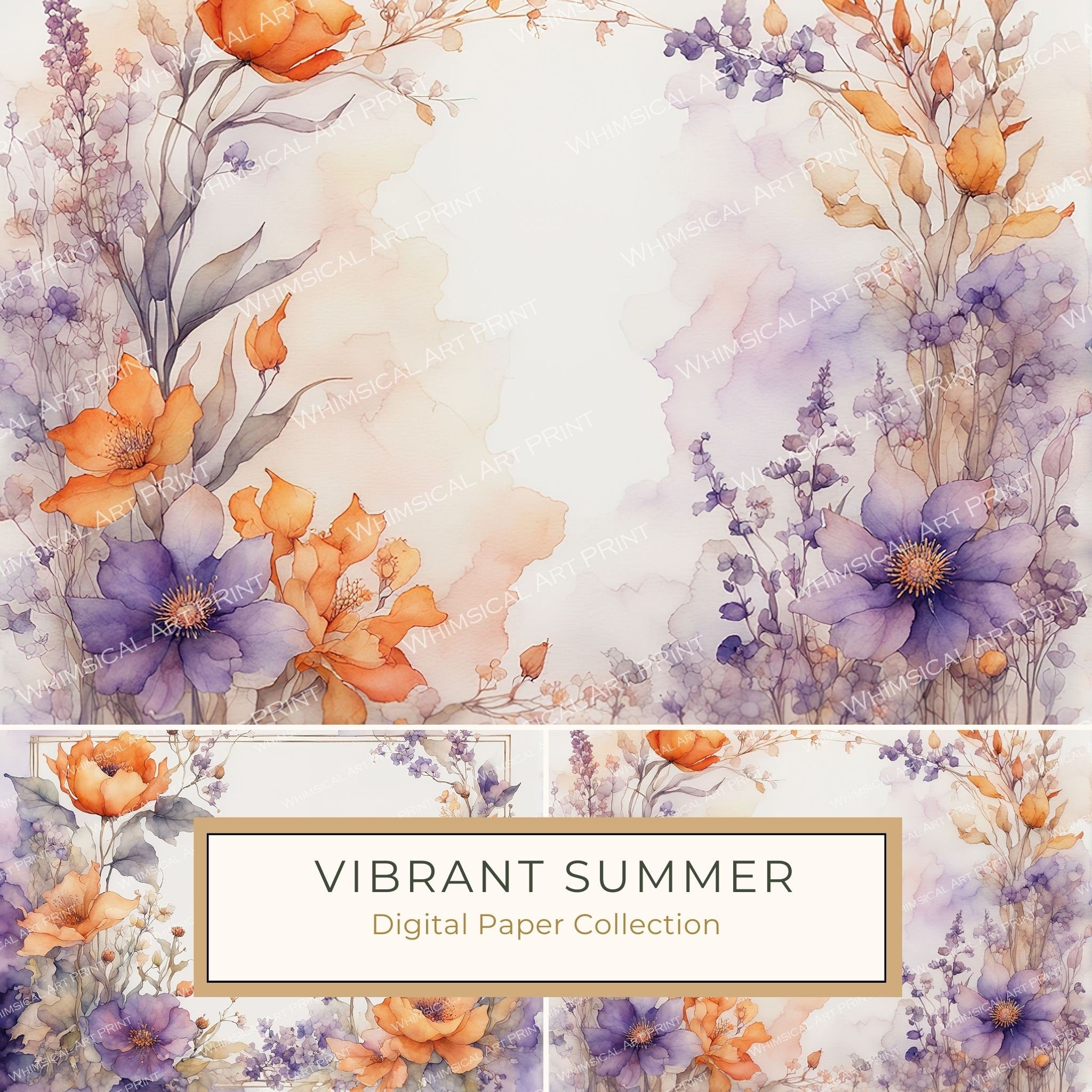 Watercolor Floral Frame Digital Paper: Purple & Orange (10 JPGs) (Commercial Use)