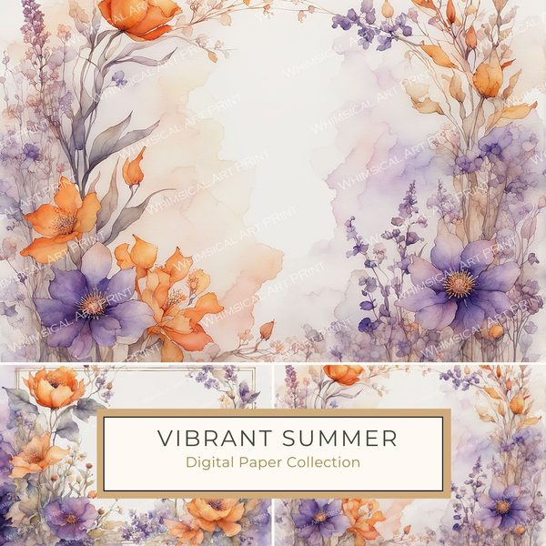Watercolor Floral Frame Digital Paper: Purple & Orange (10 JPGs) (Commercial Use)