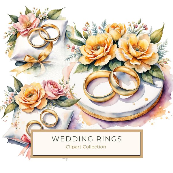 Watercolor Wedding Rings Clipart: Golden Rose PNG Graphics (Commercial Use, Digital Download)
