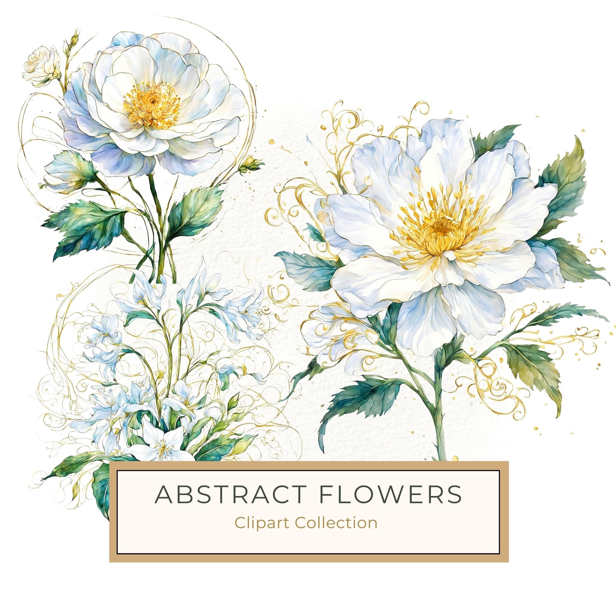 Gold Outline Floral Clipart: Iridescent White Flowers (PNG JPG, Commercial Use)