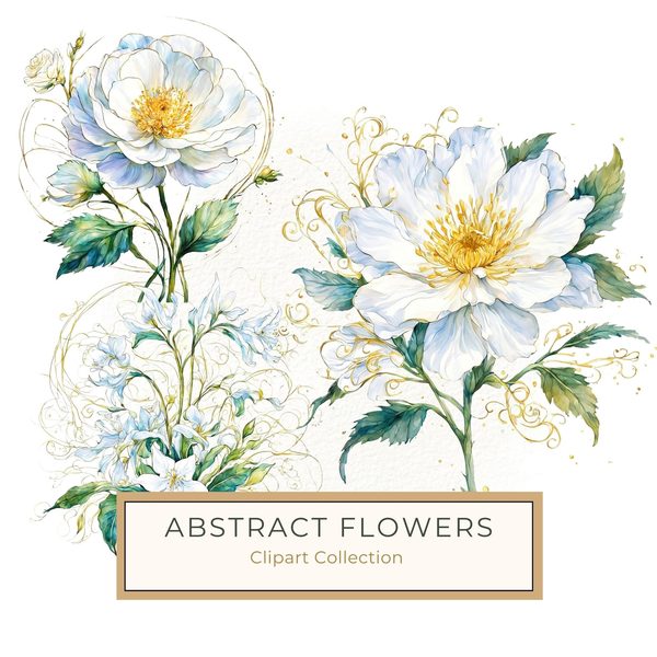 Gold Outline Floral Clipart: Iridescent White Flowers (PNG JPG, Commercial Use)