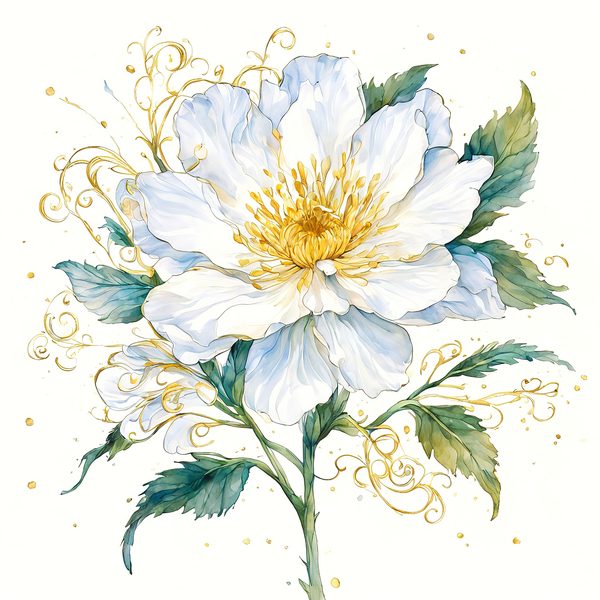 Gold Outline Floral Clipart: Iridescent White Flowers (PNG JPG, Commercial Use) — image 1
