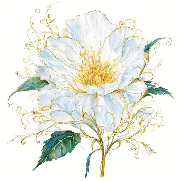 Gold Outline Floral Clipart: Iridescent White Flowers (PNG JPG, Commercial Use) — image 4