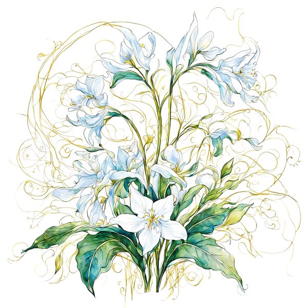 Gold Outline Floral Clipart: Iridescent White Flowers (PNG JPG, Commercial Use) — image 8