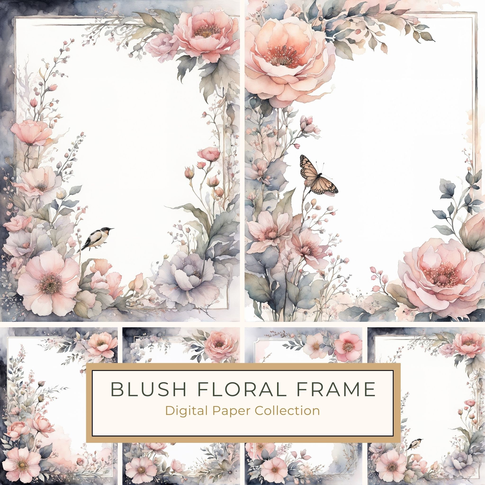 Watercolor Floral Frame Digital Paper: Blush & Gray Botanical Border (10 JPGs)