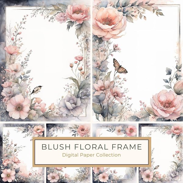 Watercolor Floral Frame Digital Paper: Blush & Gray Botanical Border (10 JPGs)