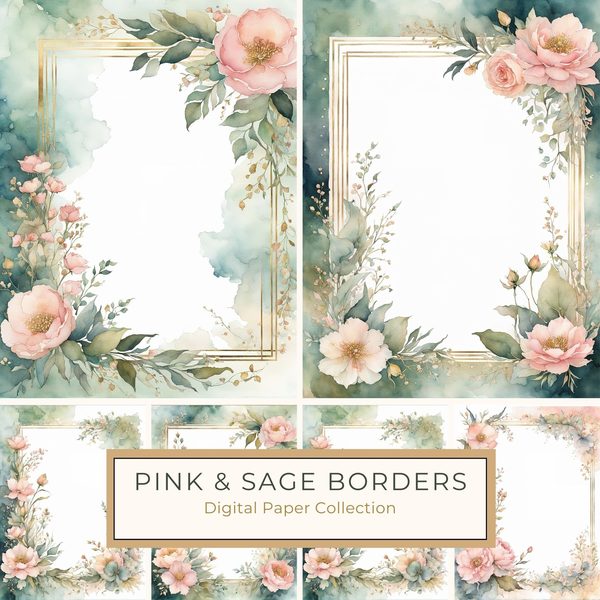 Watercolor Floral Frame Art: Pink & Sage Botanical Borders (10 JPGs)
