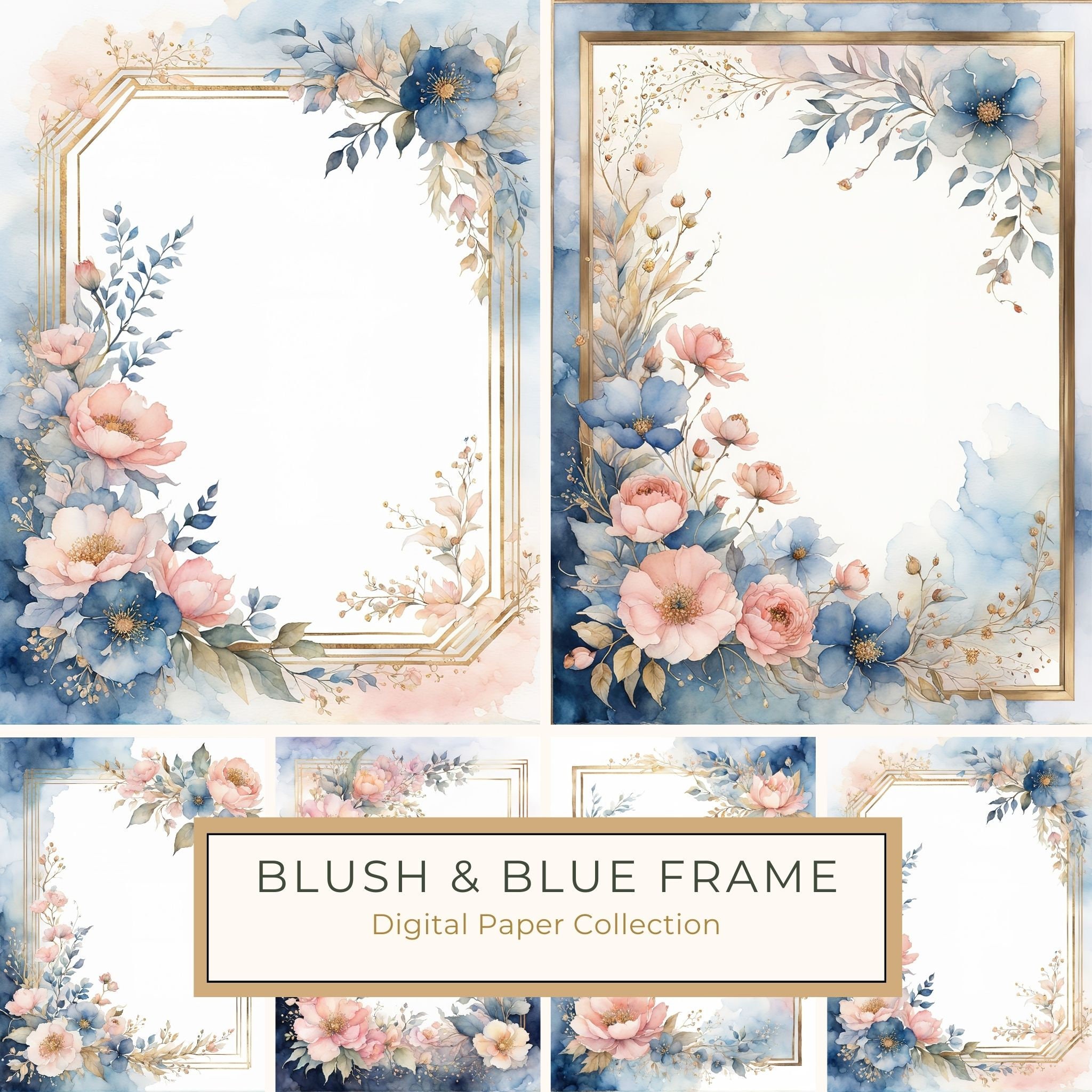 Watercolor Floral Frame Art: Pink & Blue Botanical Borders (10 JPGs)