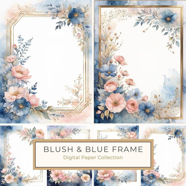 Watercolor Floral Frame Art: Pink & Blue Botanical Borders (10 JPGs)