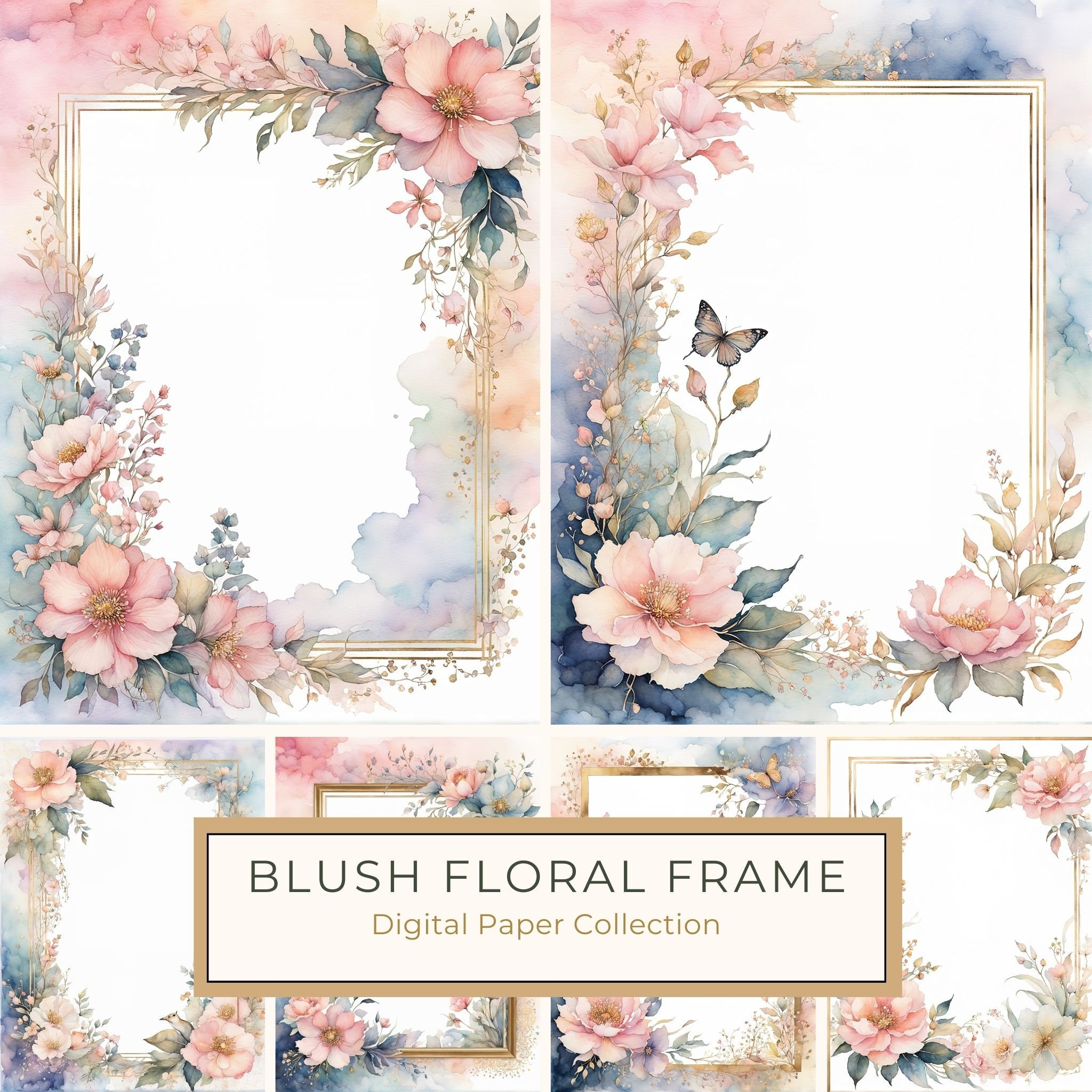 Watercolor Floral Frame Digital Paper: Pink & Blue Botanical Art (10 JPGs)