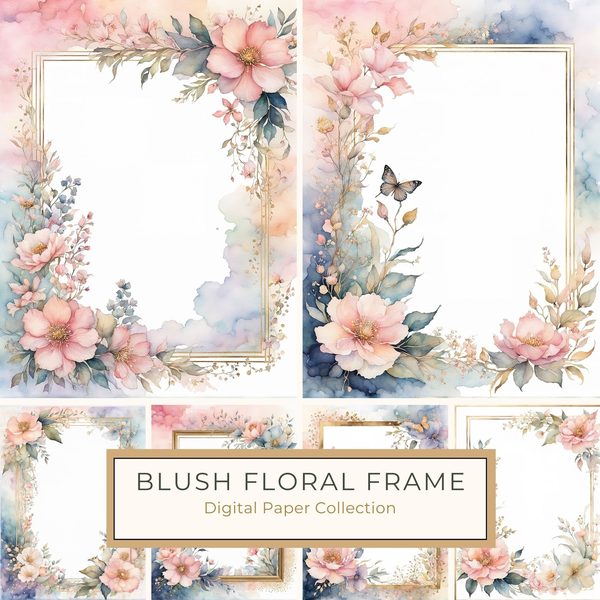 Watercolor Floral Frame Digital Paper: Pink & Blue Botanical Art (10 JPGs)