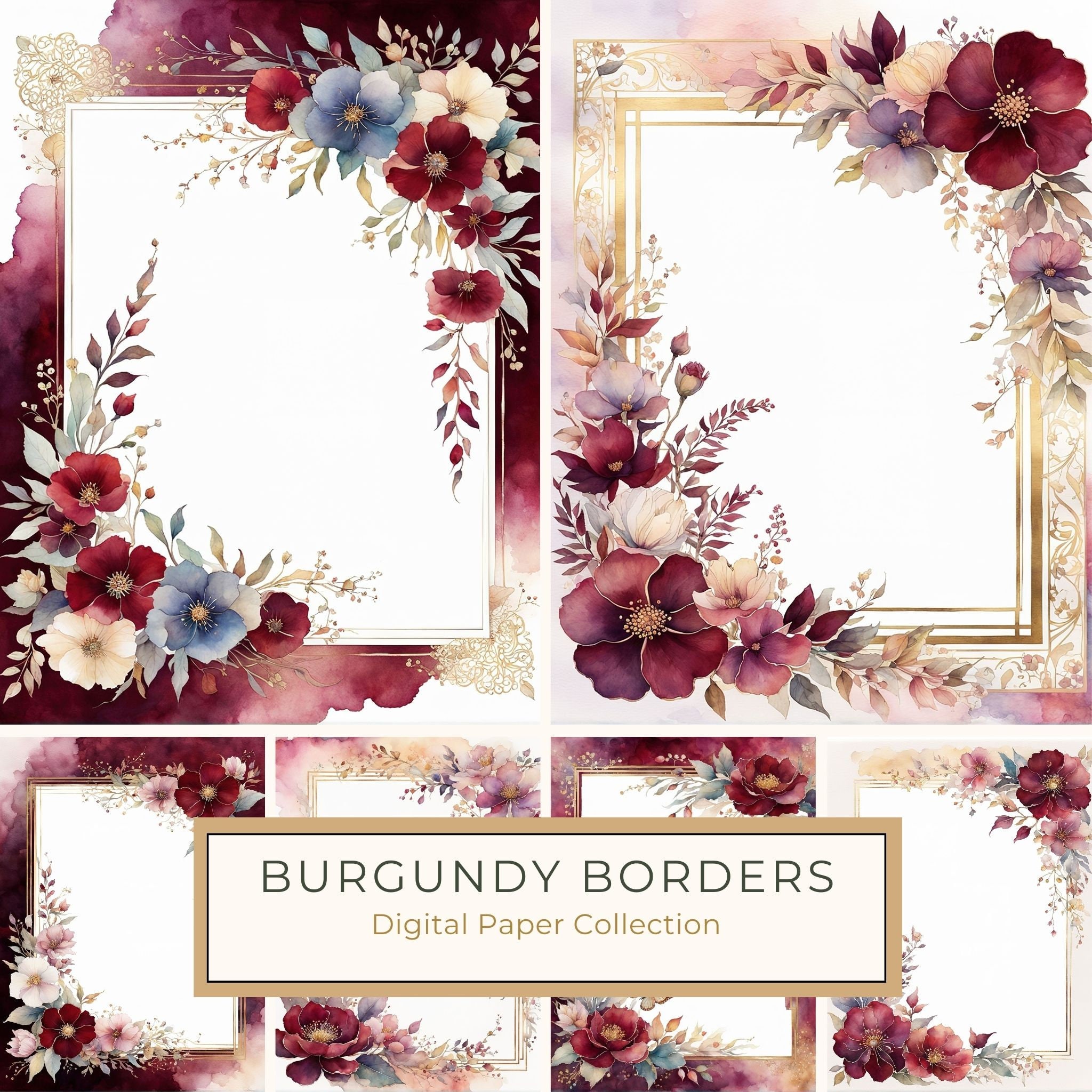 Watercolor Burgundy Floral Border: Scrapbook Frame Art (10 JPGs) (Digital Download)