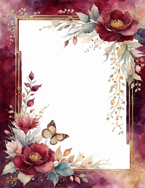 Watercolor Burgundy Floral Border: Scrapbook Frame Art (10 JPGs) (Digital Download) — image 1