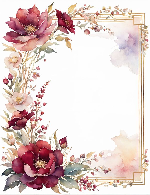 Watercolor Burgundy Floral Border: Scrapbook Frame Art (10 JPGs) (Digital Download) — image 7