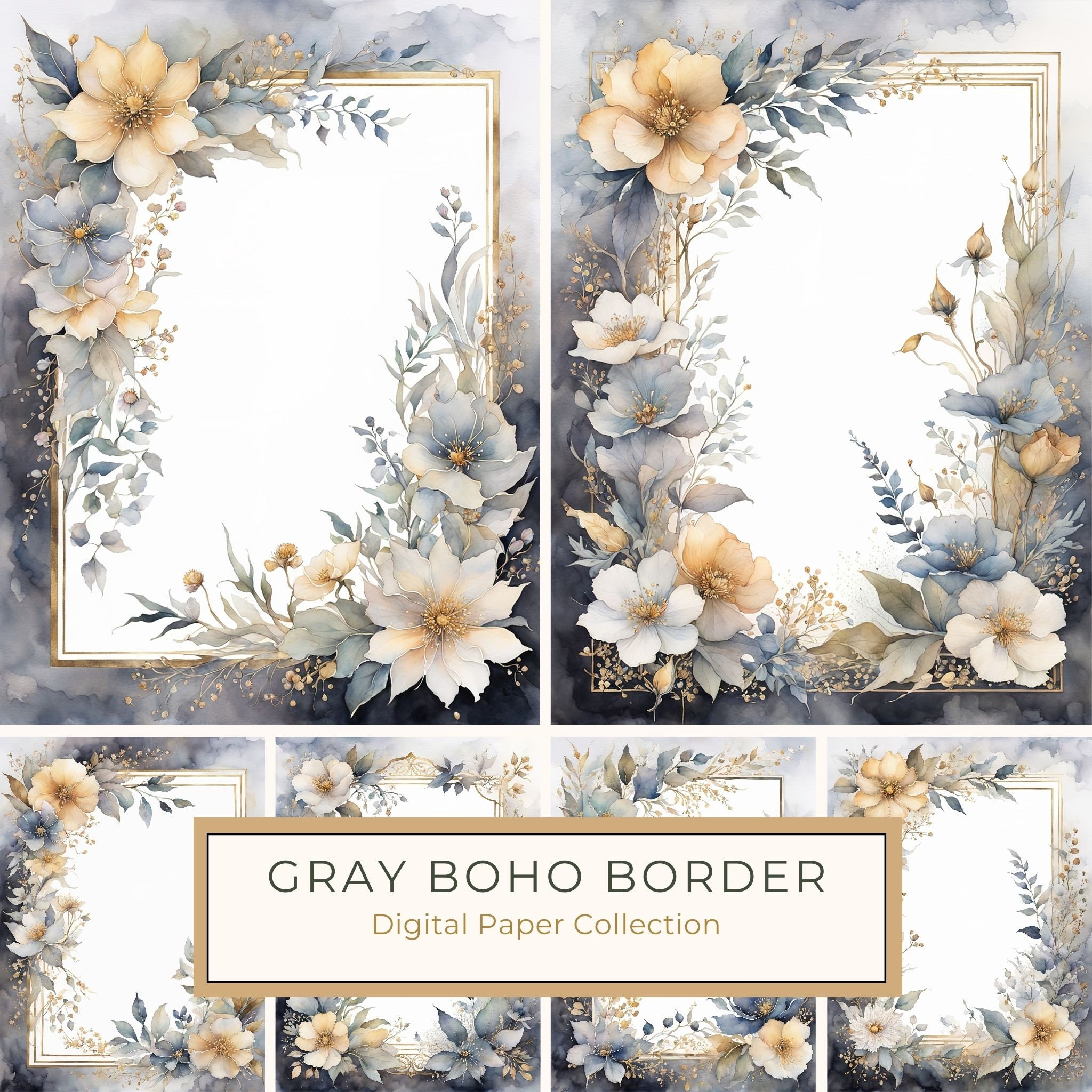 Gray Floral Frame: Boho Watercolor Border Art (10 JPGs Digital Download)