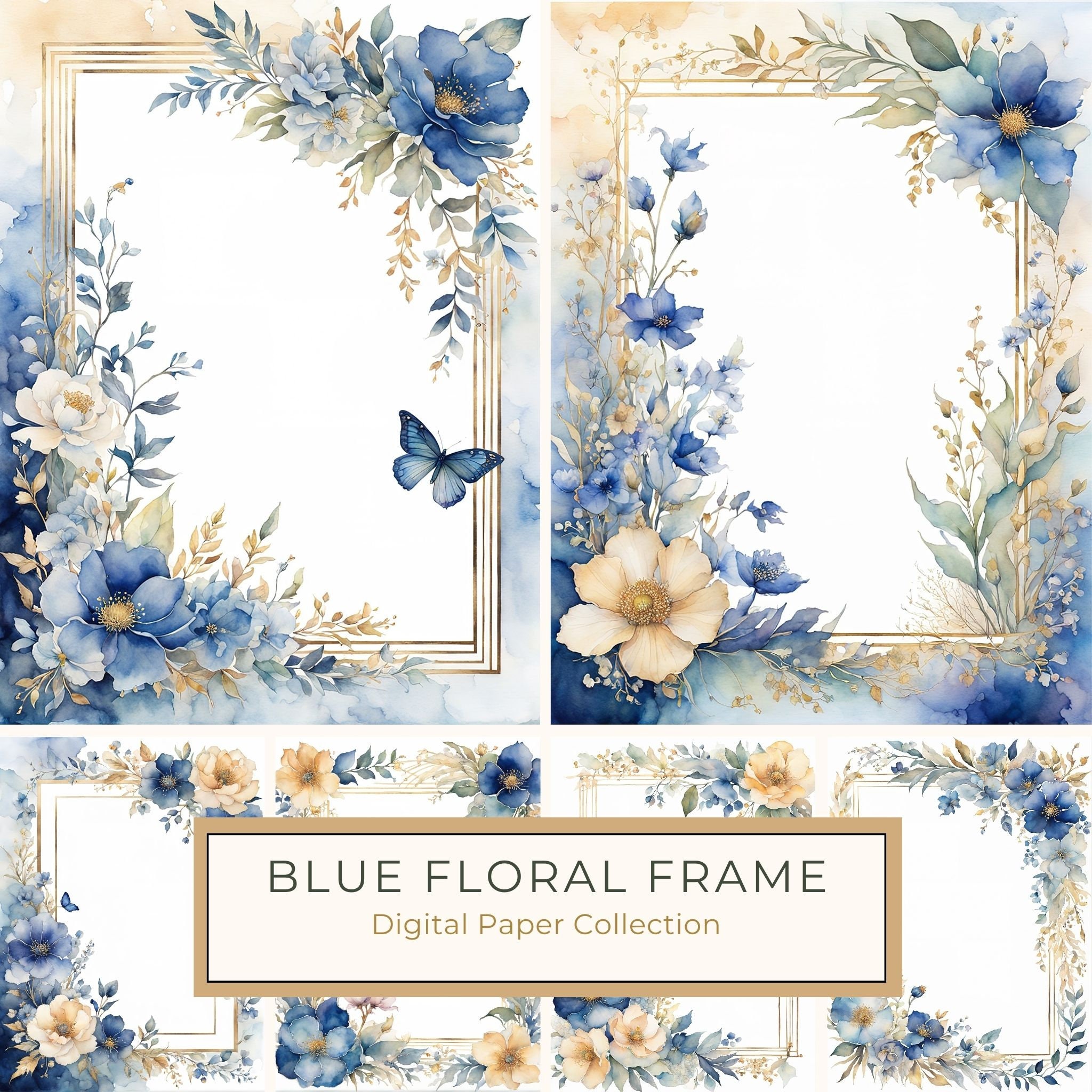 Blue Floral Frame Digital Paper: Boho Wedding Card Borders (10 JPGs) (Digital Print)