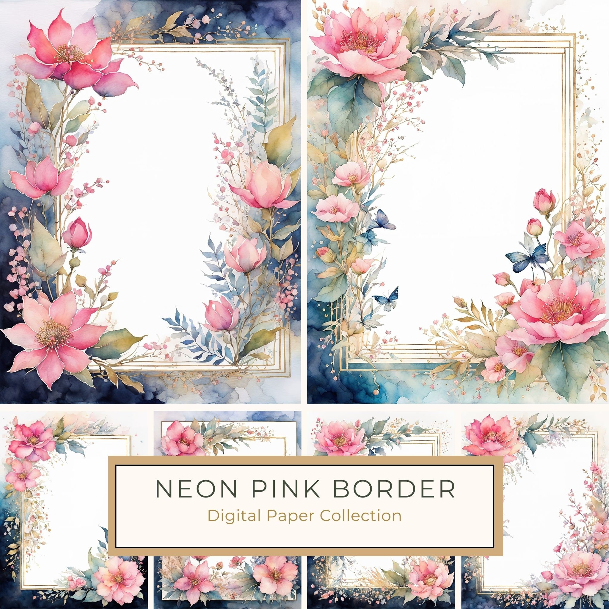 Neon Pink Floral Frame Digital Paper: Boho Wedding Cards (10 JPGs)