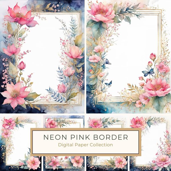 Neon Pink Floral Frame Digital Paper: Boho Wedding Cards (10 JPGs)