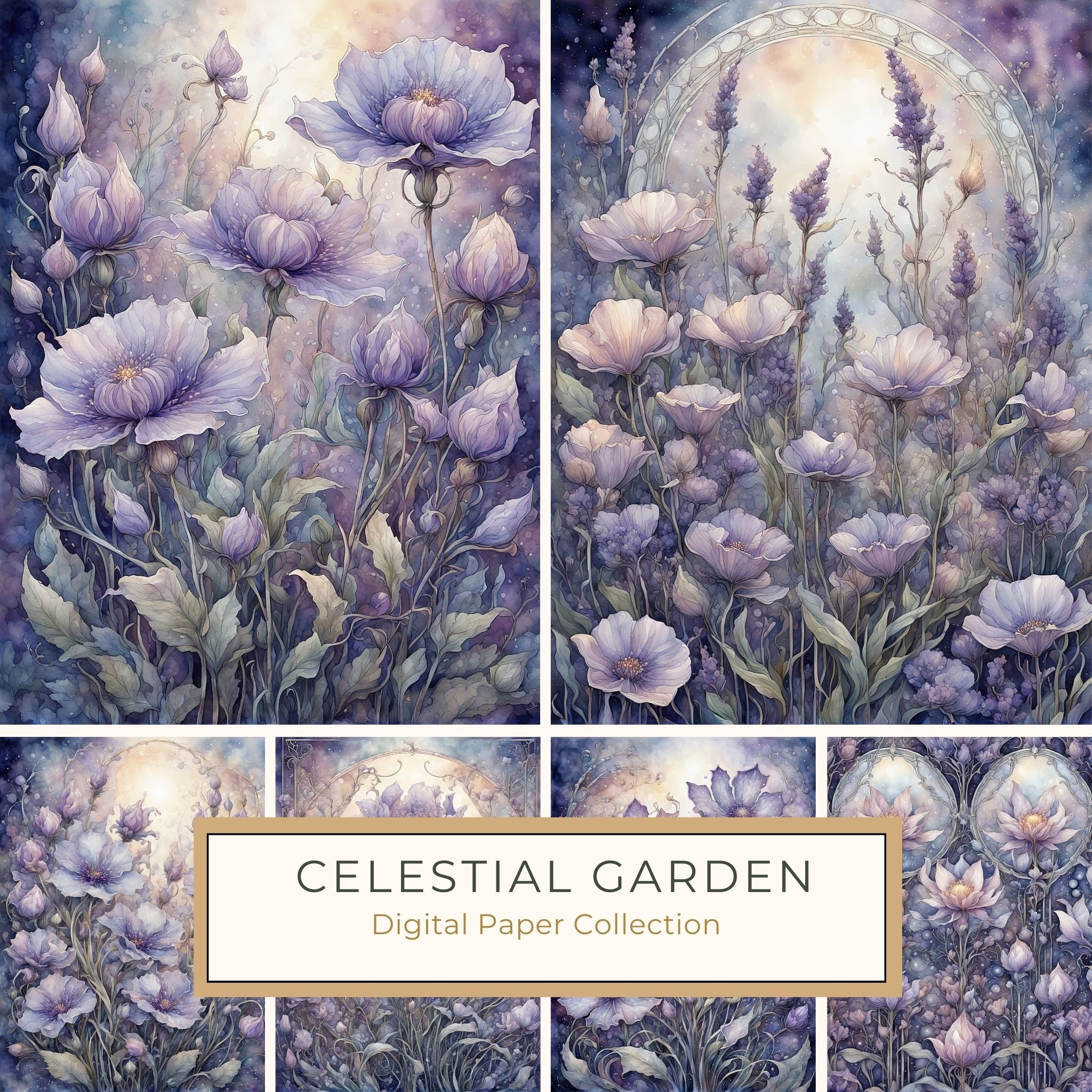 Watercolor Celestial Garden Digital Paper: Lavender & Mauve (10 JPGs)
