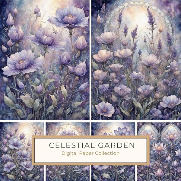 Watercolor Celestial Garden Digital Paper: Lavender & Mauve (10 JPGs)