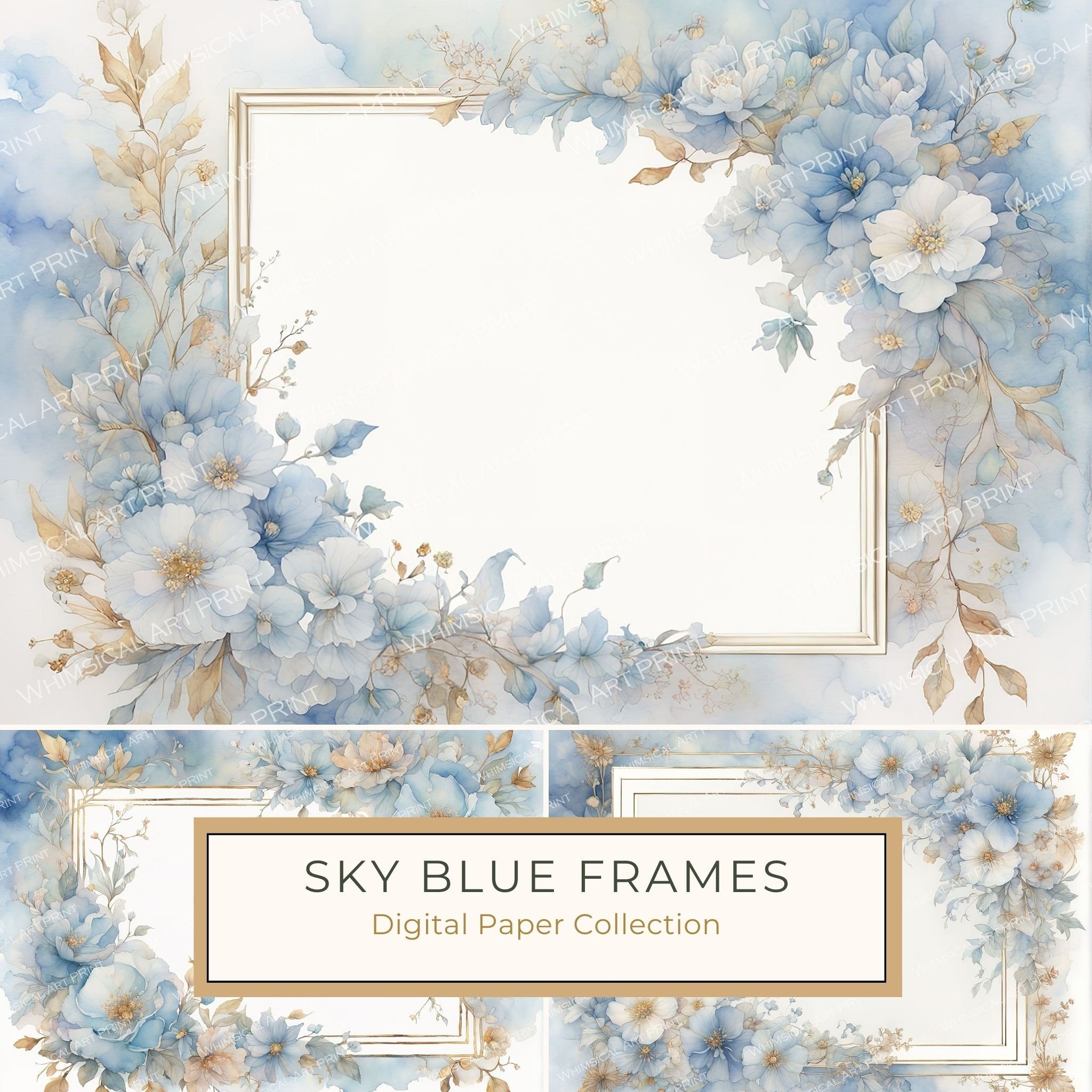 Sky Blue Watercolor Floral Frames: Digital Paper Pack (10 JPGs)