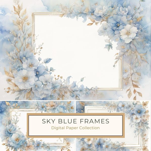 Sky Blue Watercolor Floral Frames: Digital Paper Pack (10 JPGs)