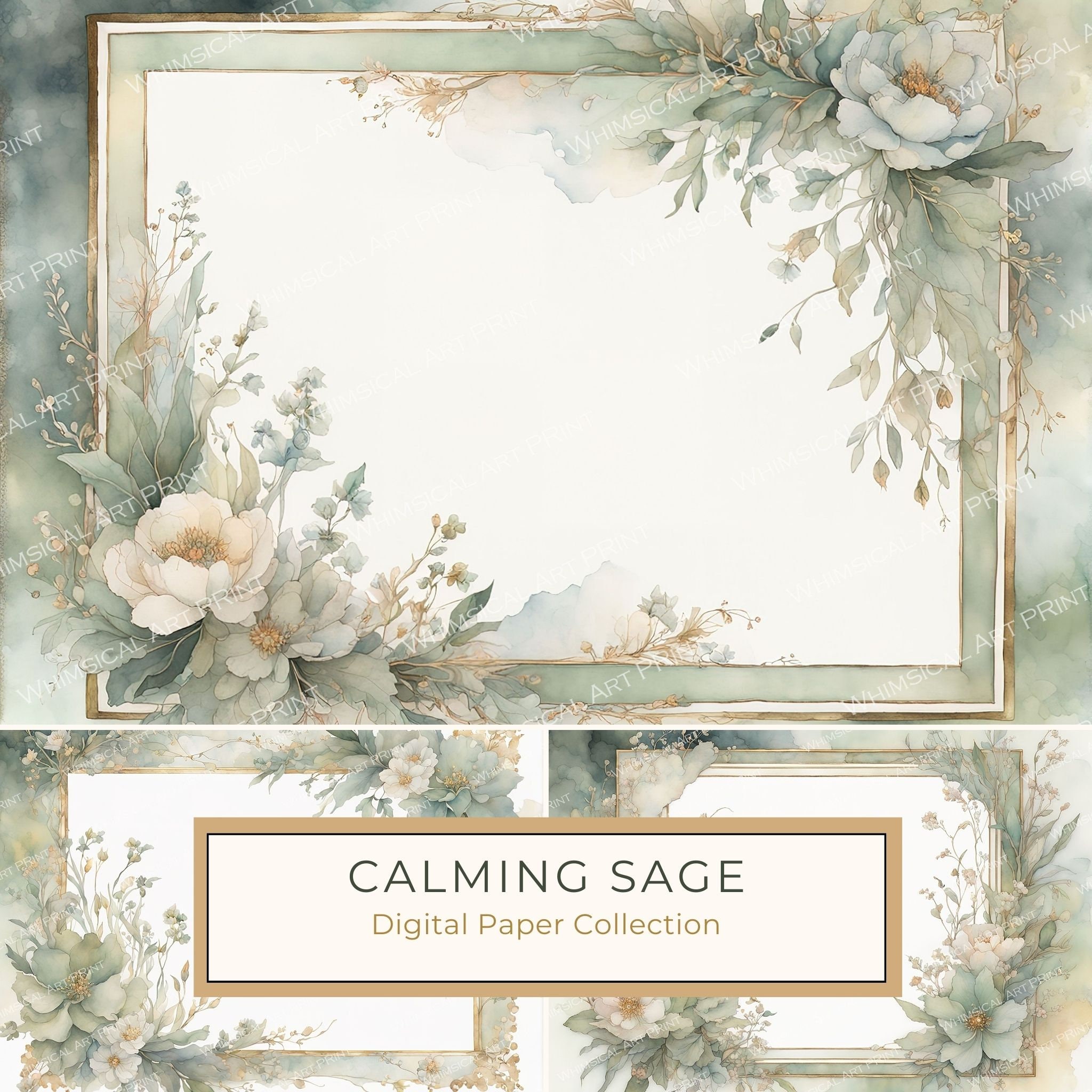 Sage Floral Frame Digital Paper Pack: Watercolor Scrapbook Backgrounds (10 JPGs)