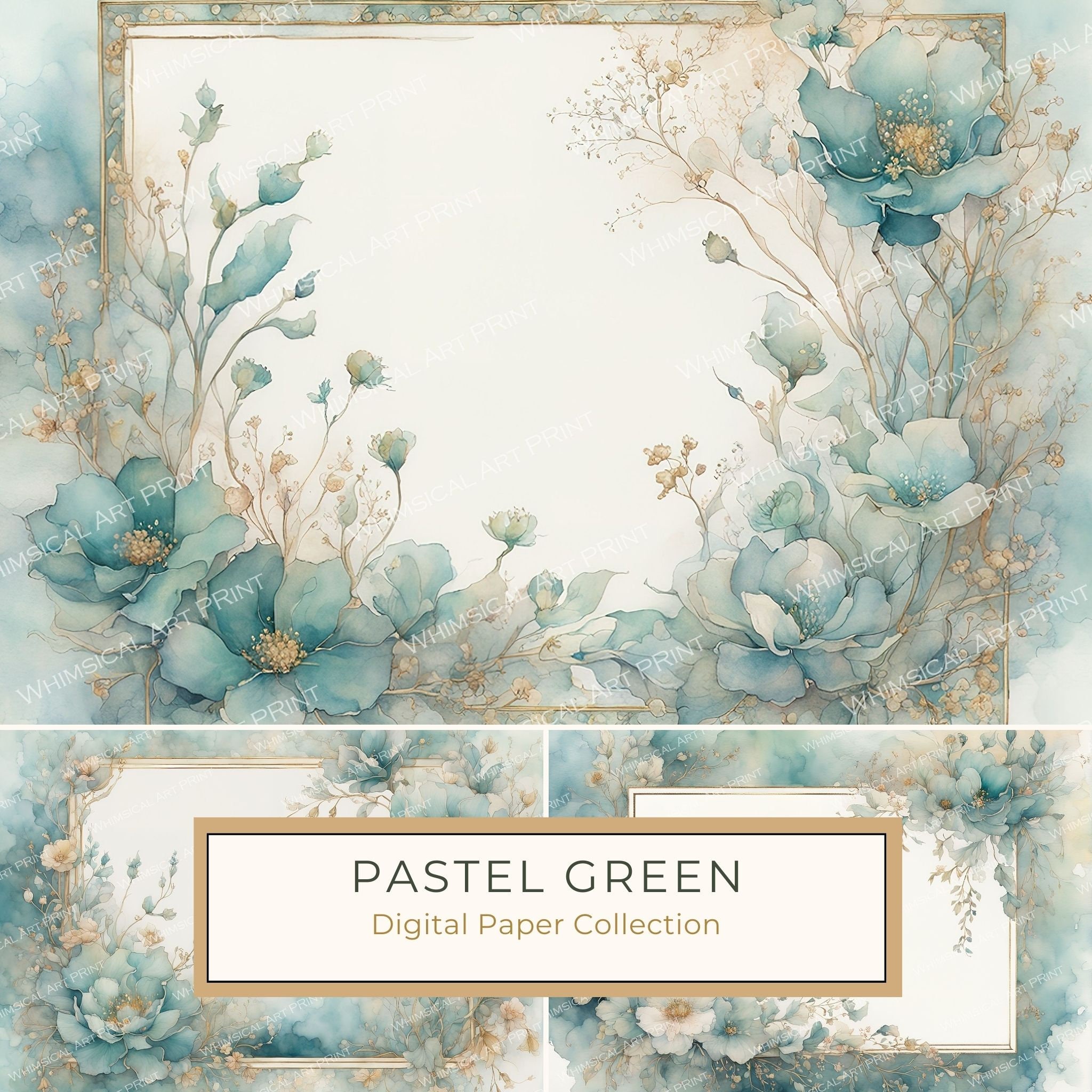 Pastel Green Floral Watercolor Digital Paper: Scrapbook Borders (10 JPGs) (Commercial Use)
