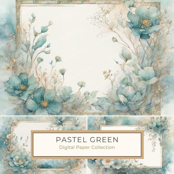 Pastel Green Floral Watercolor Digital Paper: Scrapbook Borders (10 JPGs) (Commercial Use)