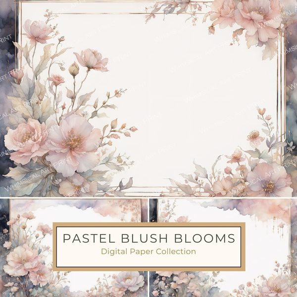 Pastel Blush Floral Watercolor Paper: Scrapbook Borders (10 JPGs Digital Download)