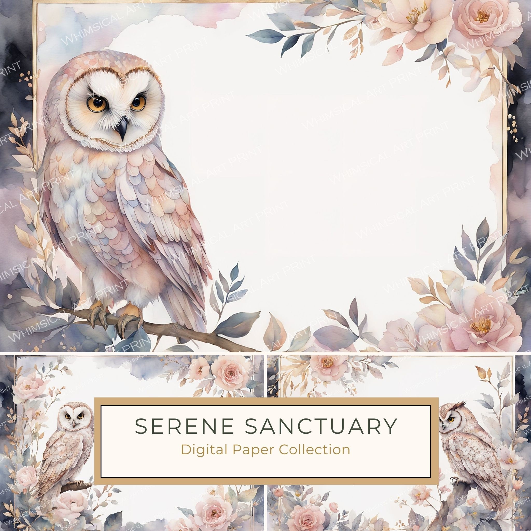 Watercolor Owl Digital Paper: Floral Scrapbook Backgrounds (10 JPGs)