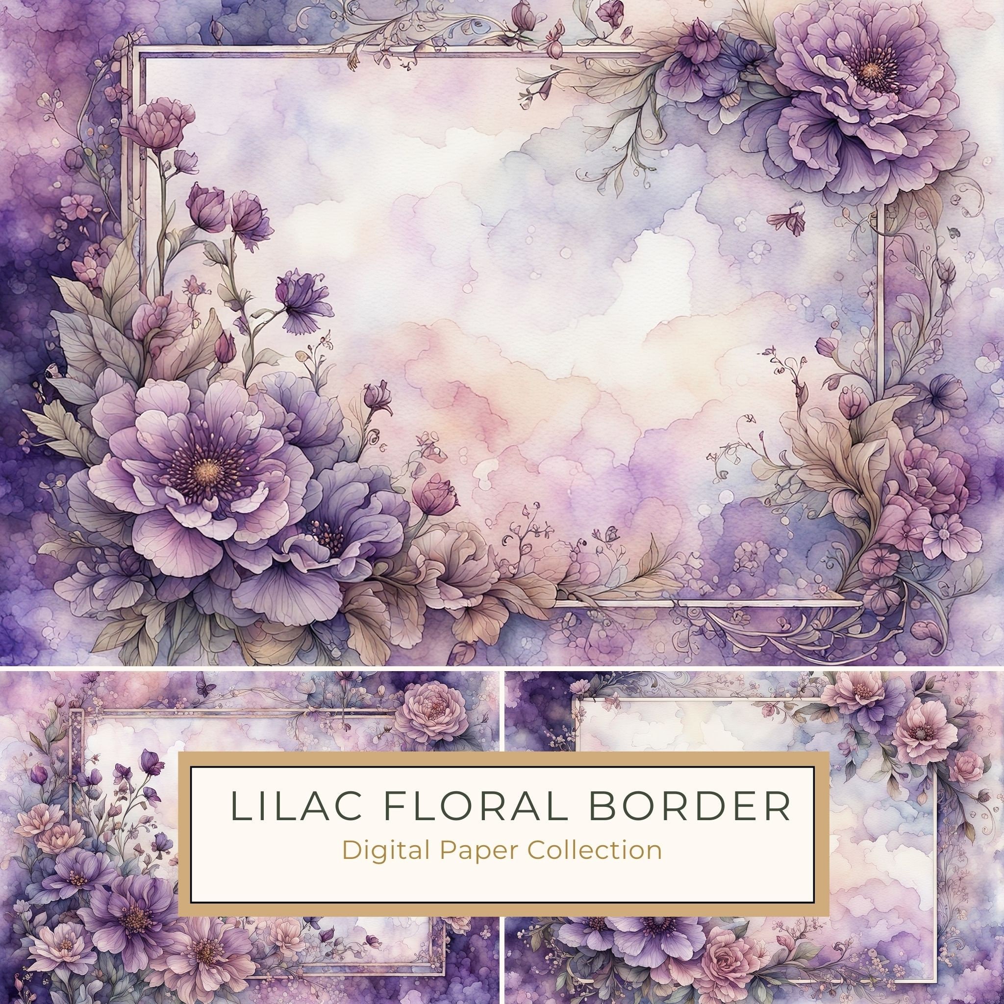 Lilac Floral Frame Digital Paper Pack: Watercolor Violet Backgrounds (10 JPGs) (Digital Download)