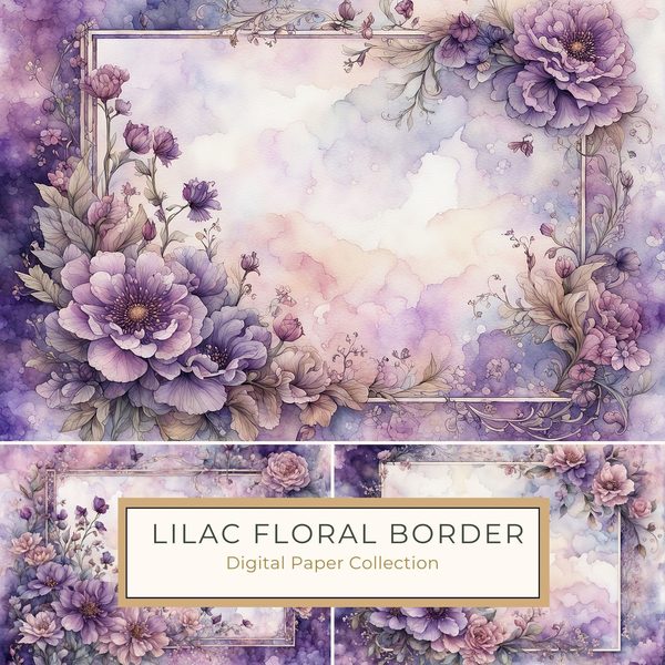 Lilac Floral Frame Digital Paper Pack: Watercolor Violet Backgrounds (10 JPGs) (Digital Download)
