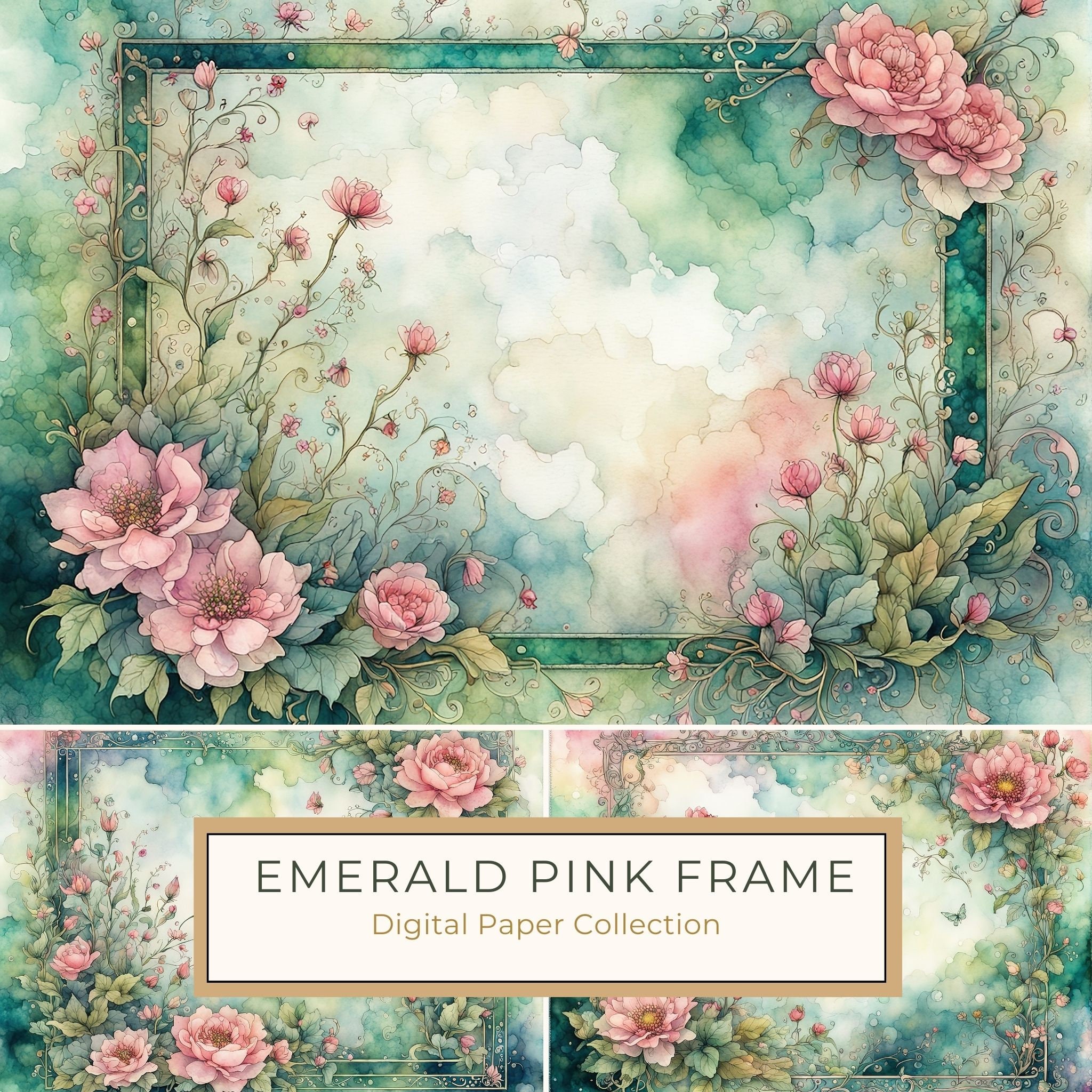 Watercolor Floral Digital Paper Pack: Emerald & Pink (10 JPGs) (Commercial Use)
