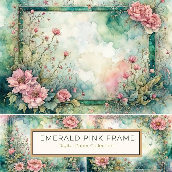 Watercolor Floral Digital Paper Pack: Emerald & Pink (10 JPGs) (Commercial Use)