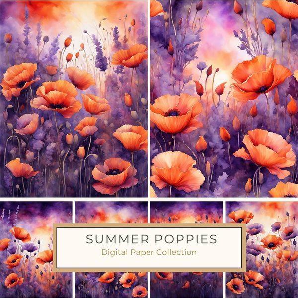 Watercolor Poppy Flower Digital Paper, Orange and Purple (10 JPGs) Instant Download, Commercial use
