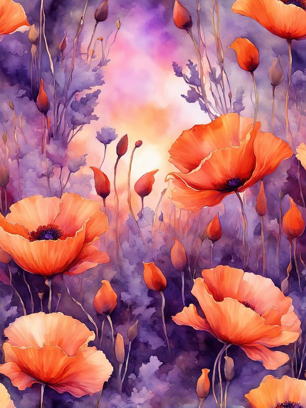 Watercolor Poppy Flower Digital Paper, Orange and Purple (10 JPGs) Instant Download, Commercial use — image 1