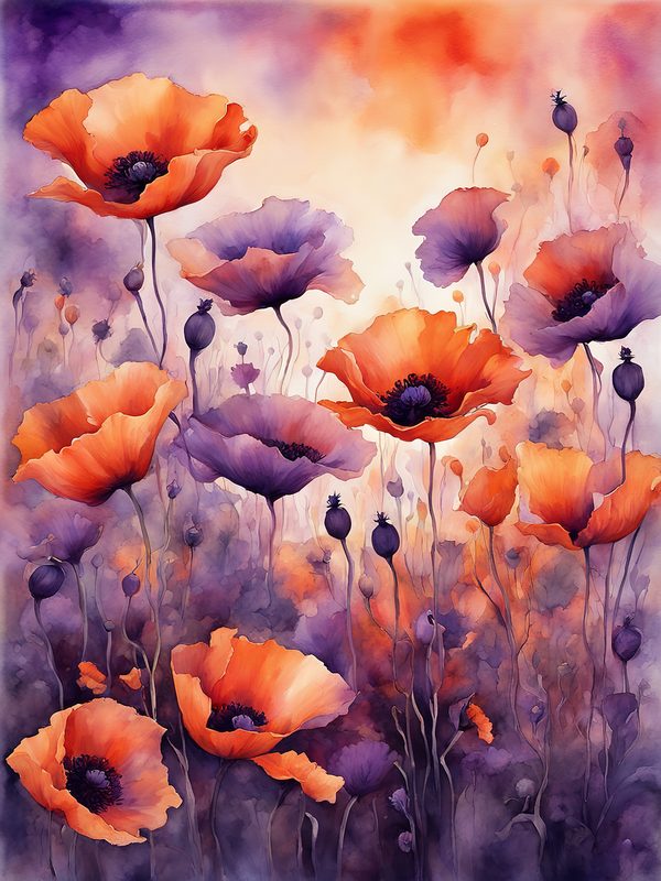 Watercolor Poppy Flower Digital Paper, Orange and Purple (10 JPGs) Instant Download, Commercial use — image 2