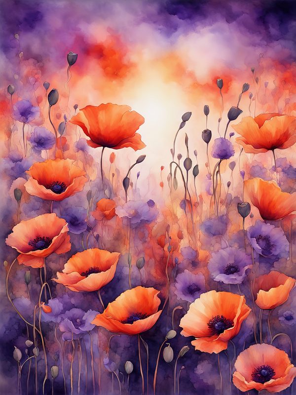Watercolor Poppy Flower Digital Paper, Orange and Purple (10 JPGs) Instant Download, Commercial use — image 3