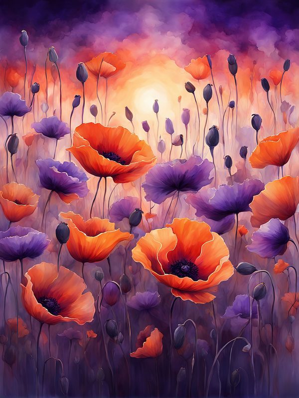 Watercolor Poppy Flower Digital Paper, Orange and Purple (10 JPGs) Instant Download, Commercial use — image 4