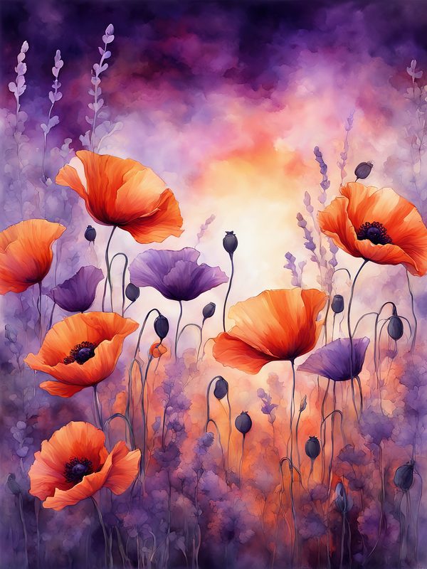Watercolor Poppy Flower Digital Paper, Orange and Purple (10 JPGs) Instant Download, Commercial use — image 5